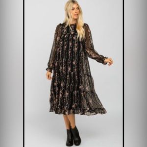 Black Floral Chiffon Midi Long Flowy Dress Boho Babydoll Swing Tiered Fairy Sz M